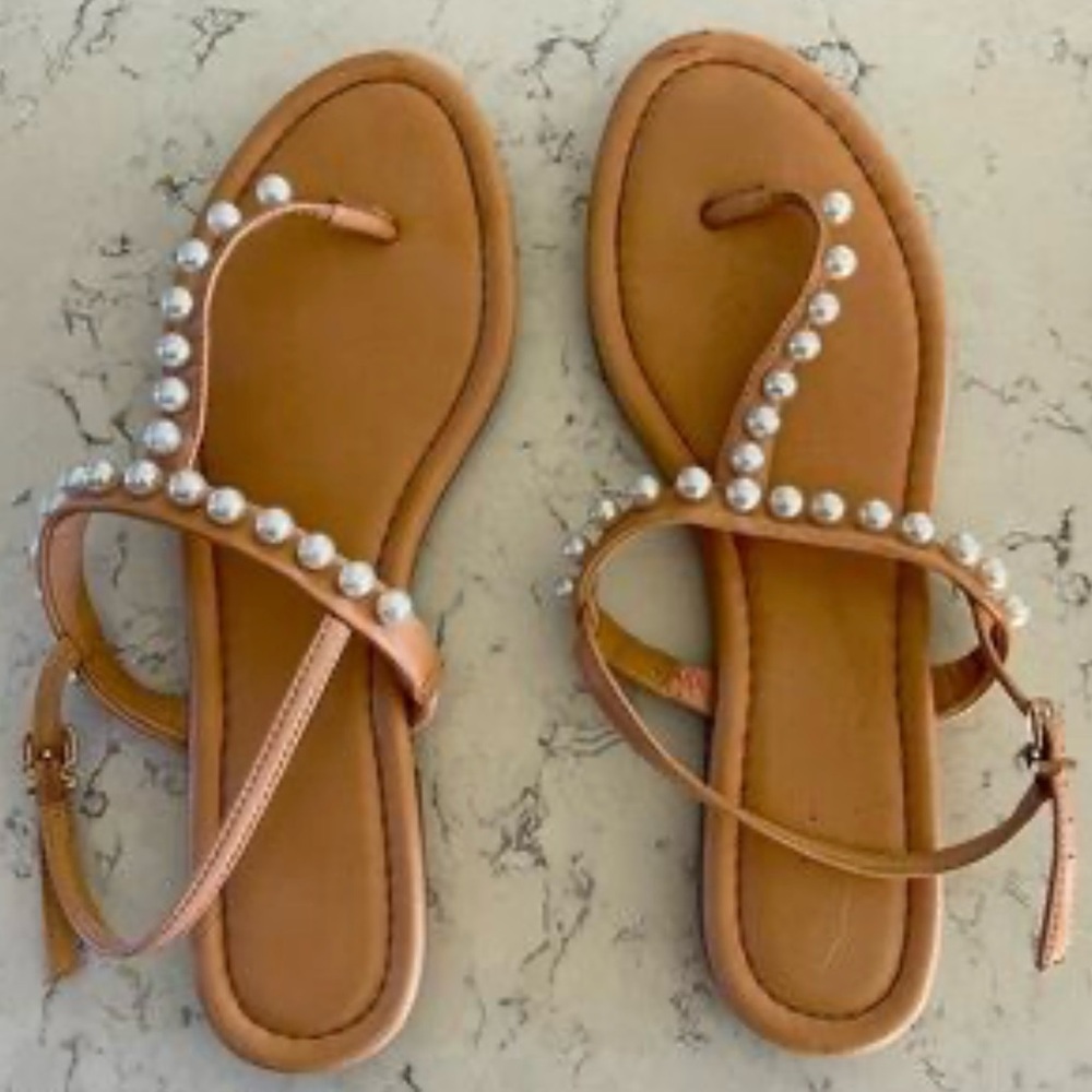 Pearl Embellished Tan Sandals